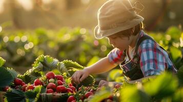 un joven granjero inspeccionando un bushel de rechoncho fresas en un suave, difundido Mañana ligero. generado por artificial inteligencia. foto