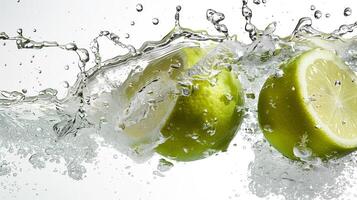 Green lemons halves colliding on the water. Water splash, white background, food photography. Generated by artificial intelligence. photo