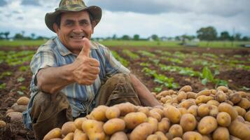 un moderno granjero en un campo de papas, haciendo un pulgares arriba. generado por artificial inteligencia. foto