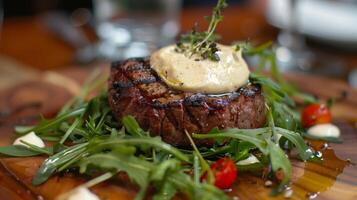 Filet Tenderlpin alongside arugula salad with white bechamel sauce cream on top. Steack, restoraunt, meat. Generated by artificial intelligence. photo