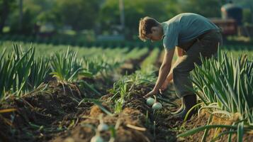 A young farmer farming onions. Field landscape from the back. Generated by artificial intelligence. photo