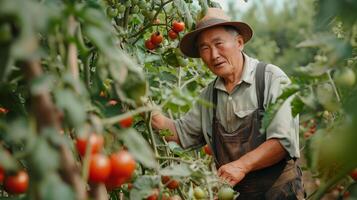 un seguro, bien vestido 40 años asiático granjero tendiendo a tomate plantas. lleno cuerpo disparo, maduro Tomates en el enredadera, lozano tomate huerta en el antecedentes. foto