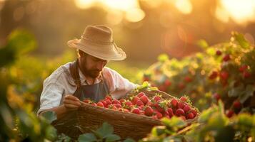 un joven granjero inspeccionando un bushel de rechoncho fresas en un suave, difundido Mañana ligero. generado por artificial inteligencia. foto