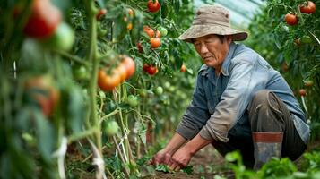 un seguro, bien vestido 40 años asiático granjero tendiendo a tomate plantas. lleno cuerpo disparo, maduro Tomates en el enredadera, lozano tomate huerta en el antecedentes. foto