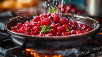 Freshly picked lingonberries in a pot. Vibrant red berries, jam, food photography. Generated by artificial intelligence. photo