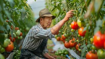 un seguro, bien vestido 40 años asiático granjero tendiendo a tomate plantas. lleno cuerpo disparo, maduro Tomates en el enredadera, lozano tomate huerta en el antecedentes. foto