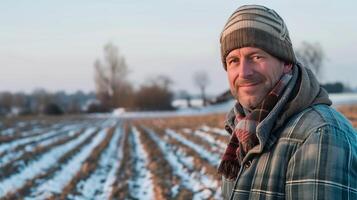 un granjero en pie en un invierno campo. insinuación de un sonrisa, mirando dentro cámara, tarde tarde. generado por artificial inteligencia. foto