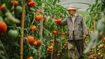 un seguro, bien vestido 40 años asiático granjero tendiendo a tomate plantas. lleno cuerpo disparo, maduro Tomates en el enredadera, lozano tomate huerta en el antecedentes. foto