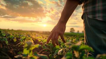 el granjero estiramientos su mano terminado el campo. campo paisaje desde el atrás. generado por artificial inteligencia. foto