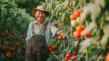 un seguro, bien vestido 40 años asiático granjero tendiendo a tomate plantas. lleno cuerpo disparo, maduro Tomates en el enredadera, lozano tomate huerta en el antecedentes. foto