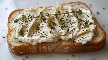 White bread with cream cheese and herbs on it with white background. Generated by artificial intelligence. photo