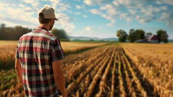 A farmer looking towards the crops. Field landscape from the back. Generated by artificial intelligence. photo