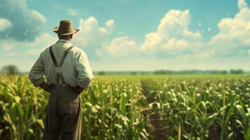 A farmer looking towards the crops. Field landscape from the back. Generated by artificial intelligence. photo