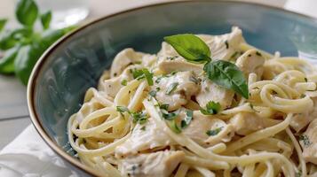 Pasta with spinach in a bowl. An Italian spagetti dish, close up, parmesan cheese, food photography. Generated by artificial intelligence. photo