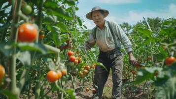 un seguro, bien vestido 40 años asiático granjero tendiendo a tomate plantas. lleno cuerpo disparo, maduro Tomates en el enredadera, lozano tomate huerta en el antecedentes. foto