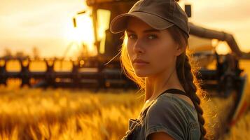 A beautiful woman farmer in front of a combine harvester in a golden wheat field, wearing a baseball cap and overalls in the golden hour lighting. Generated by artificial intelligence. photo