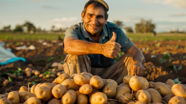 A modern farmer in a field of potatoes, doing a thumbs up. Generated by artificial intelligence. photo
