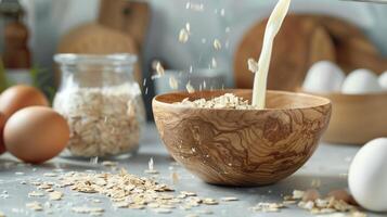 Oats being poured into a wooden bowl with milk pouring from the top, in a kitchen setting with a fresh eggs on the table. Generated by artificial intelligence. photo