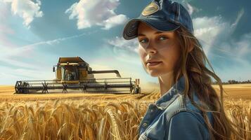 A beautiful woman farmer in front of a combine harvester in a golden wheat field, wearing a baseball cap and overalls in the golden hour lighting. Generated by artificial intelligence. photo