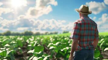 A farmer looking towards the crops. Field landscape from the back. Generated by artificial intelligence. photo