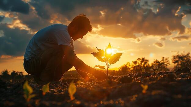 A farmer planting seeds in the field. Field landscape from the back. Generated by artificial intelligence. photo