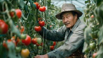 un seguro, bien vestido 40 años asiático granjero tendiendo a tomate plantas. lleno cuerpo disparo, maduro Tomates en el enredadera, lozano tomate huerta en el antecedentes. foto