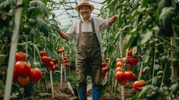 un seguro, bien vestido 40 años asiático granjero tendiendo a tomate plantas. lleno cuerpo disparo, maduro Tomates en el enredadera, lozano tomate huerta en el antecedentes. foto