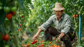 un seguro, bien vestido 40 años asiático granjero tendiendo a tomate plantas. lleno cuerpo disparo, maduro Tomates en el enredadera, lozano tomate huerta en el antecedentes. foto