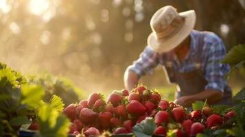 A young farmer inspecting a bushel of plump strawberries in a soft, diffused morning light. Generated by artificial intelligence. photo