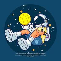 cartoon astronaut boy is floating and reaching for the moon illustration vector