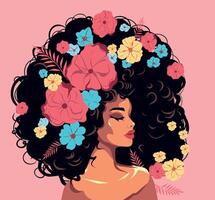 Happy International Women's Day banner Beautiful pink flowers in your hair. Pink background Hairstyle. concept of movement for gender equality and women's empowerment vector