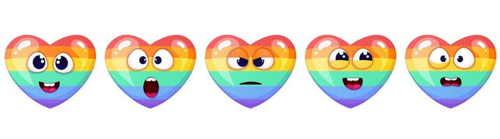 Cartoon rainbow heart character with different emotions. LGBTQ community element vector