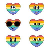 Retro groovy rainbow heart sticker pack. Lgbtq community pride symbol vector