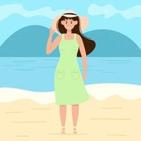 Summer time card with woman on the beach vector