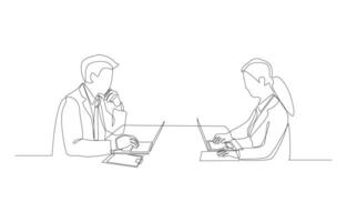 Continuous one line drawing of businessman and businesswoman working on same table, business working concept, single line art. vector