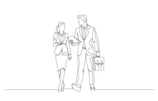 Continuous one line drawing of businessman and businesswoman talking about work while walking, business discussion concept, single line art. vector