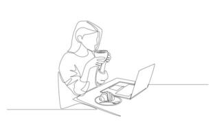 Continuous one line drawing of young lady working in cafe, freelancer or flexible working concept, single line art. vector