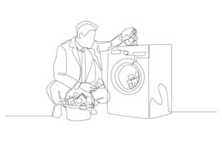 Continuous one line drawing of businessman putting banknotes into washing machine, money laundering concept, single line art. vector