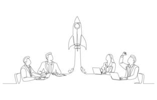 Continuous one line drawing of business people looking at rocket rising from table, business startup or team innovation concept, single line art. vector