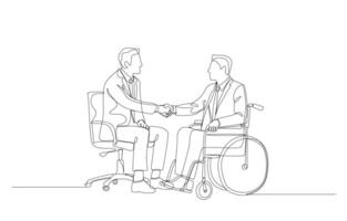 Continuous one line drawing of businessman employer handshaking with new disabled employee on wheelchair, employment of disabled person concept, single line art. vector