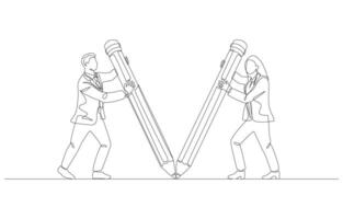 Continuous one line drawing of businessman and businesswoman draw straight lines connecting each other, business partnership, merger and acquisition concept, single line art. vector