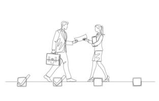 Continuous one line drawing of businessman handing document to businesswoman on checkboxes of work progress, taking over work concept, single line art. vector