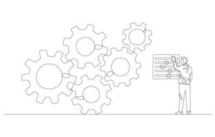 Continuous one line drawing of businessman controlling cogwheel system for best performance, workflow management or working optimization concept, single line art. vector