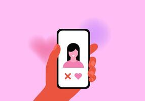 Hand holding phone. Online dating app. vector