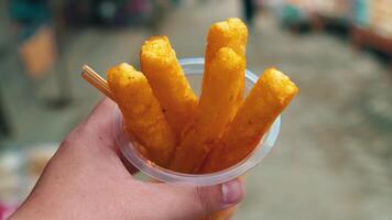 avvicinamento di un' mano Tenere un' tazza di croccante d'oro francese patatine fritte con un' sfocato sfondo. video