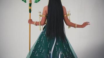 öra se av en person i traditionell indisk klädsel med lång hår, innehav en personal, mot en vit bakgrund. video