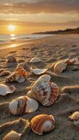 Beach landscape displaying multiple seashells scattered on the sand photo