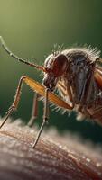 Close up view of a mosquito on human skin showing the insect's long proboscis inserted into the skin to feed on blood photo