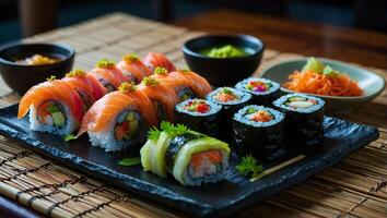 Platter filled with gourmet sushi rolls with different fresh seafood ingredients photo