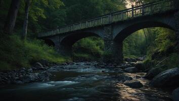 grande puente arcos terminado el río con cristal claro agua en el denso verde bosque foto